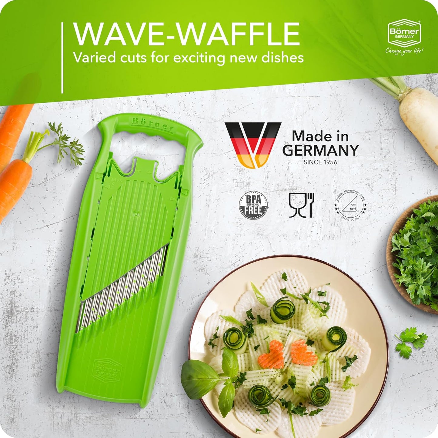 Börner by Reston Lloyd Wave-Waffle Power Line • Crinkle Cut/Spirelli Vegetable Slicer • Slicer for Wave Waffle Cut Style • Multiple Thickness Options • Made in Germany, Orange