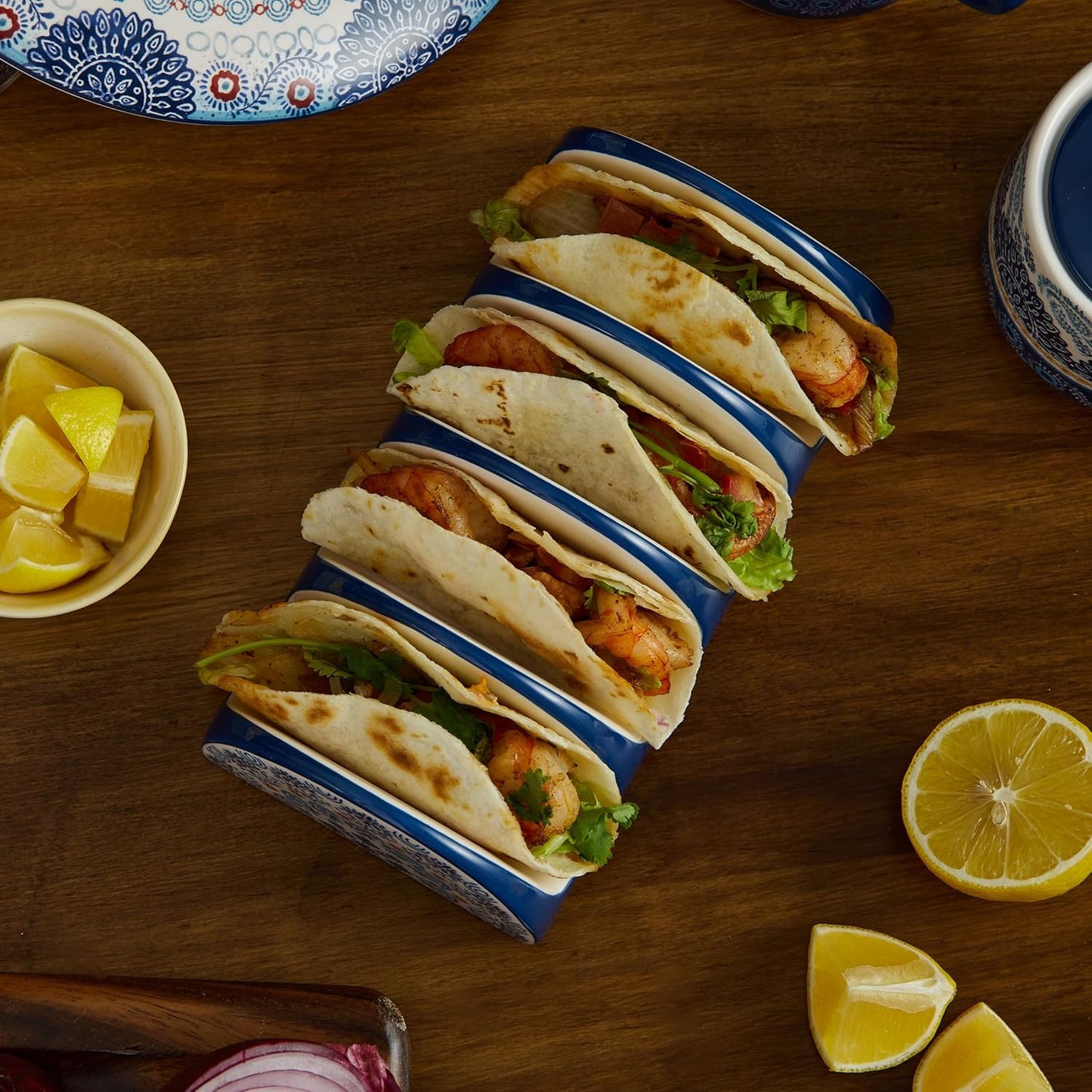 Bico Blue Talavera Ceramic Taco Holder, Taco Stand Rack Tray, Microwave and Dishwasher Safe