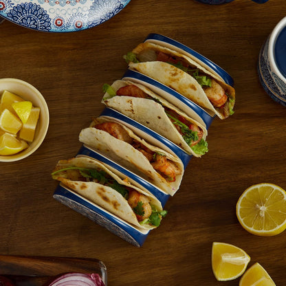 Bico Blue Talavera Ceramic Taco Holder, Taco Stand Rack Tray, Microwave and Dishwasher Safe