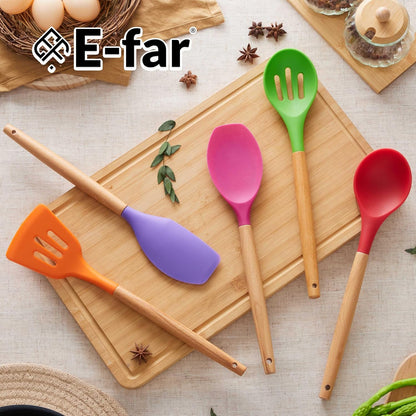 E-far Silicone Cooking Utensils Set, 5-Piece Kitchen Utensils Set with Wooden Handle for Cooking, Silicone Kitchen Nonstick Tools Spatula Turner Slotted Spoons, Nontoxic & Heat Resistant-Khaki
