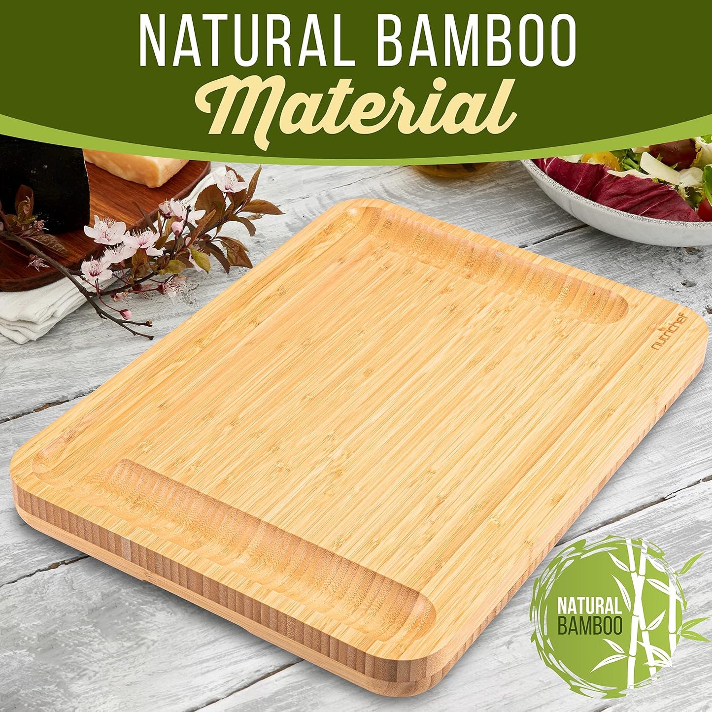 NutriChef Organic Bamboo Cheese & Charcuterie Board Set, Extra Large Serving Platter with Stainless Steel Knives, Fork and Condiment Cup – Ideal for Kitchen, Parties & Gifting