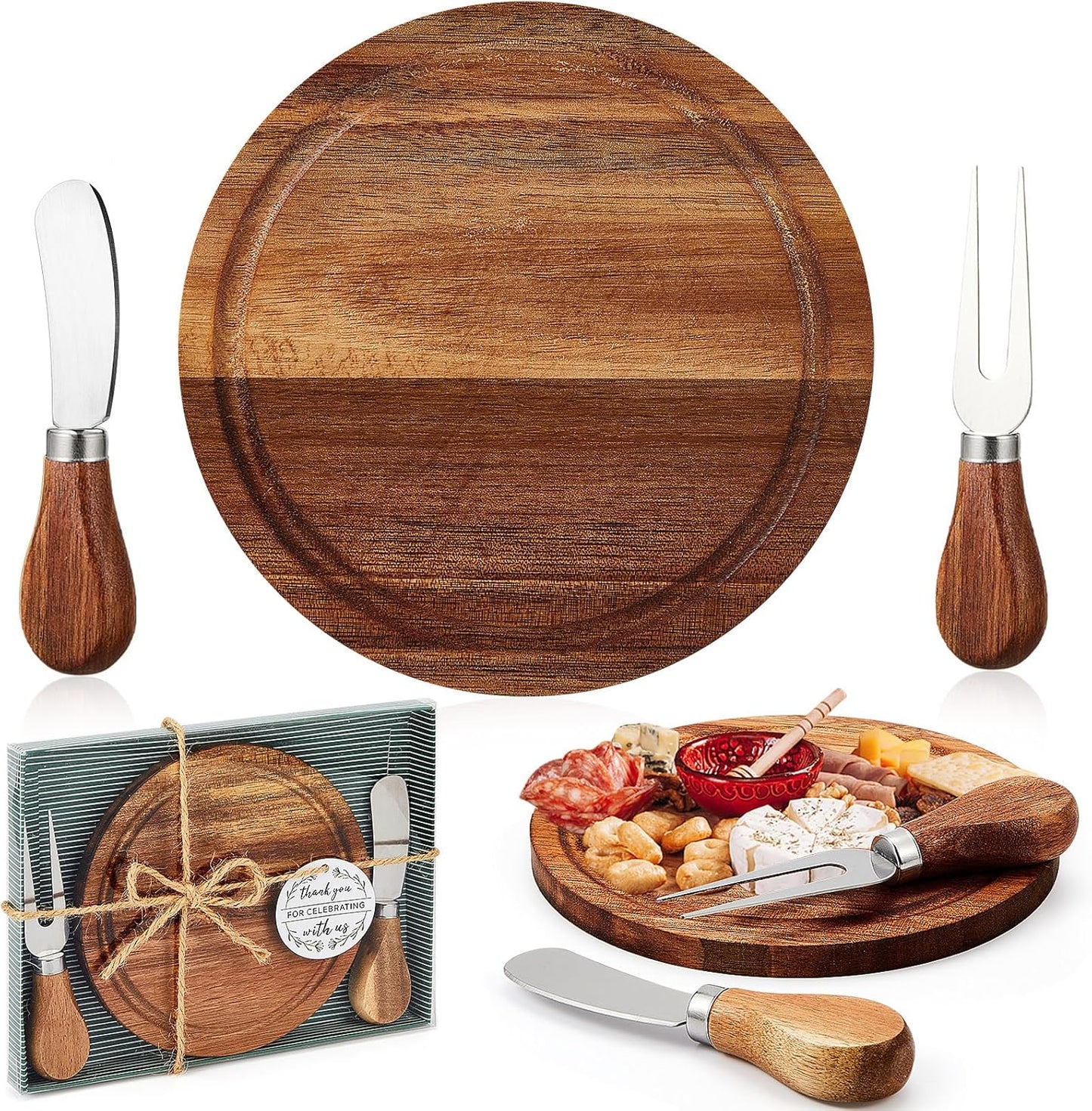 Maxcheck 6 Sets Baby Shower Bridal Game Prizes for Winners Round Cheese Board Set Wood Mini Charcuterie Board with Knives and Forks Thank You Card with Gift Box for Guests Wedding (Bamboo)