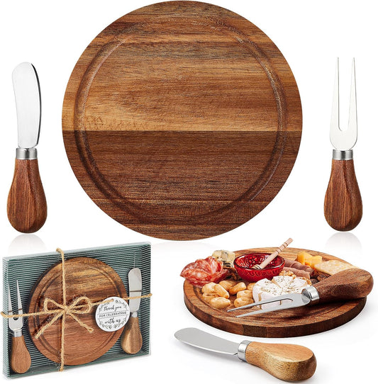 Maxcheck 6 Sets Baby Shower Bridal Game Prizes for Winners Round Cheese Board Set Wood Mini Charcuterie Board with Knives and Forks Thank You Card with Gift Box for Guests Wedding (Bamboo)