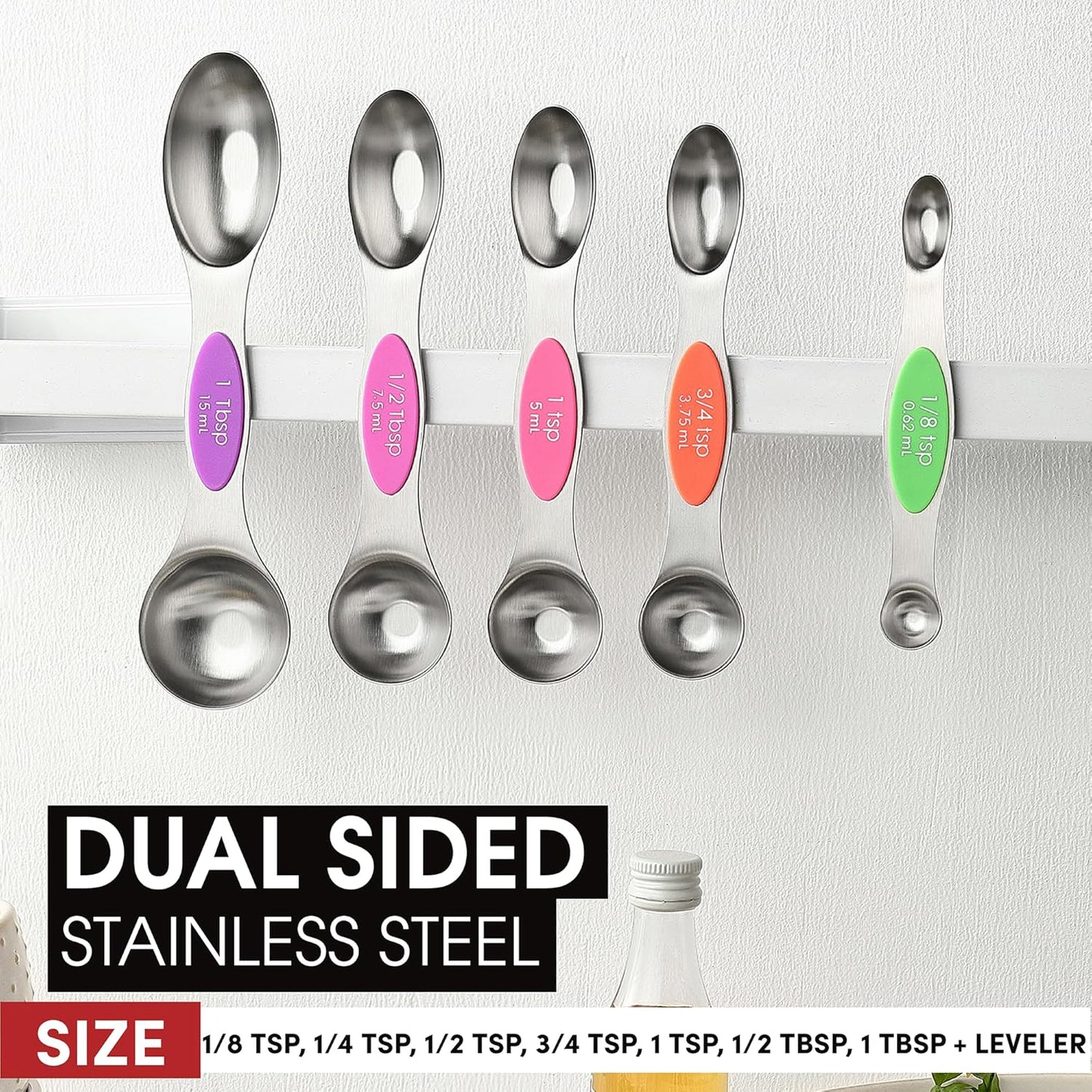 Spring Chef Stainless Steel Magnetic Measuring Spoons Set with Strong N45 Magnets, Heavy Duty Metal Kitchen Gadgets for Baking & Cooking, Fits in Most Kitchen Spice Jars, Set of 8 with Leveler, Black
