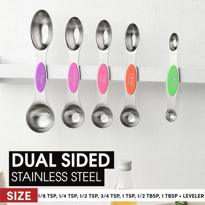 Spring Chef Stainless Steel Magnetic Measuring Spoons Set with Strong N45 Magnets, Heavy Duty Metal Kitchen Gadgets for Baking & Cooking, Fits in Most Kitchen Spice Jars, Set of 8 with Leveler, Black