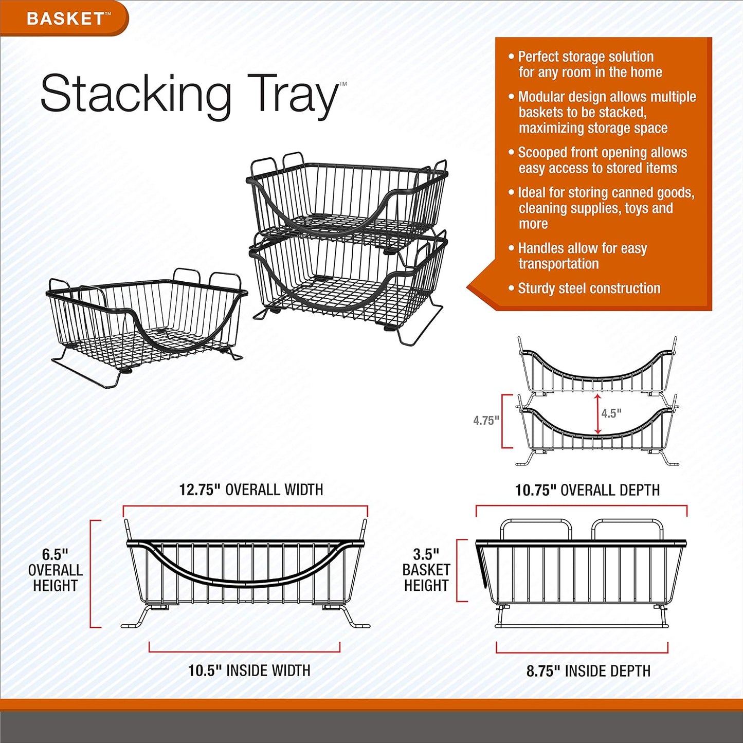 Spectrum Diversified 20077 Ashley Stackable Basket Tray, Satin Nickel
