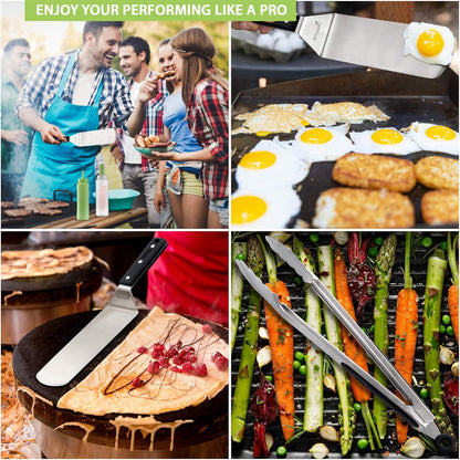 Stainless Steel Metal Spatula Set - Teppaniyaki Spatulas - Griddle Scraper Flat Spatula Pancake Flipper Hamburger Turner - Metal Utensil great for BBQ Grill Flat Top Cast Iron Griddle Accessories