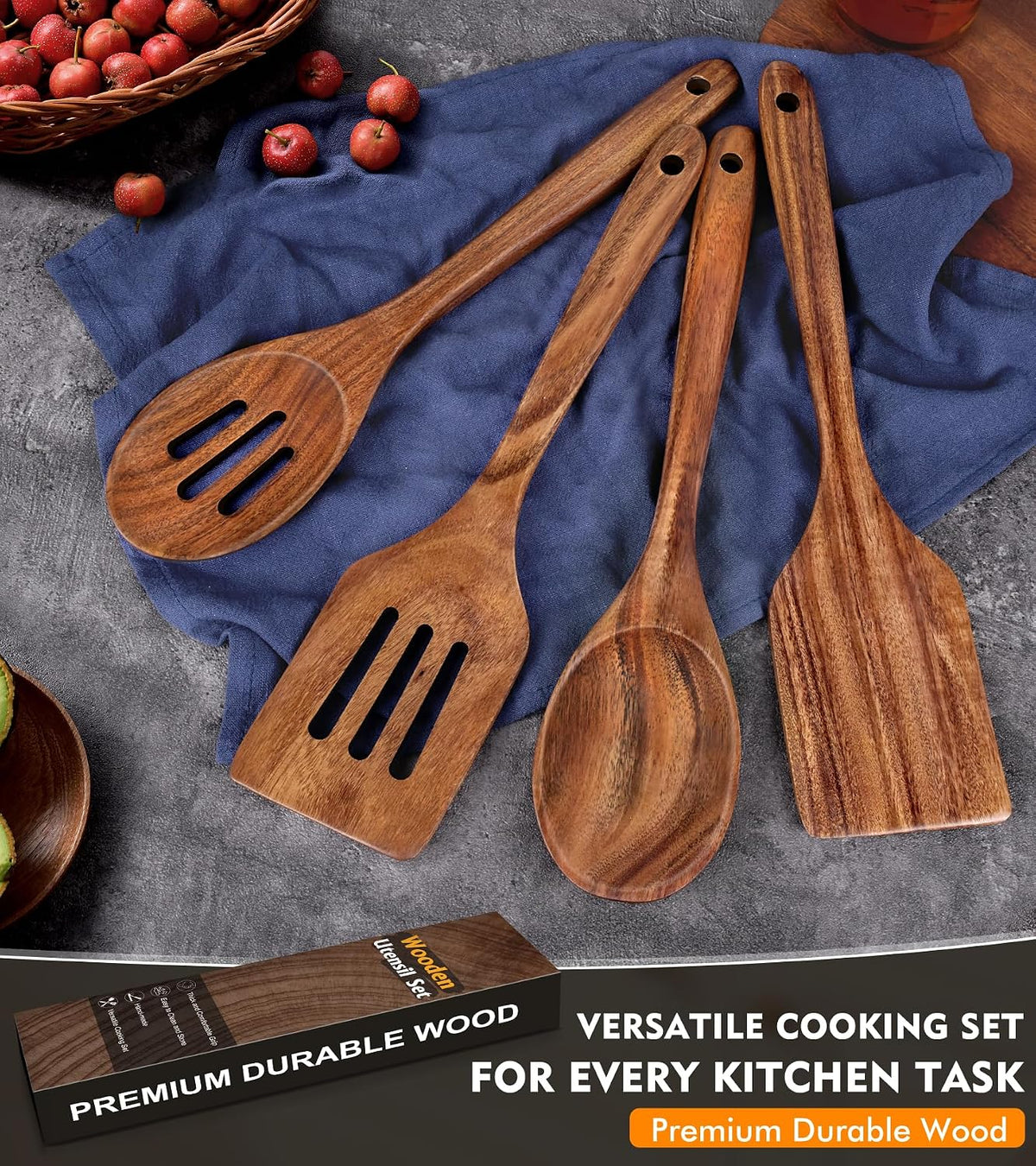 Wooden Spatula, Acacia Solid & Slotted Turner Spatula Set, Long Handle Flat Frying Spatulas, Ideal Kitchen Gift for Mother and Grandma, Kitchen Utensils Set for Cooking, Frying, Baking