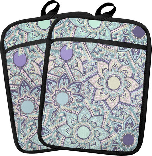 Vintage Boho Mandala Floral Pot Holders 2 Pack Set, Floral Kitchen Decor, Oriental Aesthetic Mandala Flower Botanical Heat Resistant Oven Hot Pads for Kitchen Countertop Baking