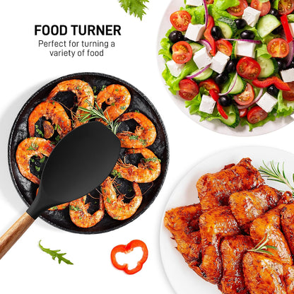 Zulay Kitchen Utensils Set Non-Stick Silicone Cooking Utensils Set with Authentic Acacia Wood Handles - 5 Piece Silicone Utensil Set - Kitchen Utensils Set with 464°F Heat Resistance - Gray