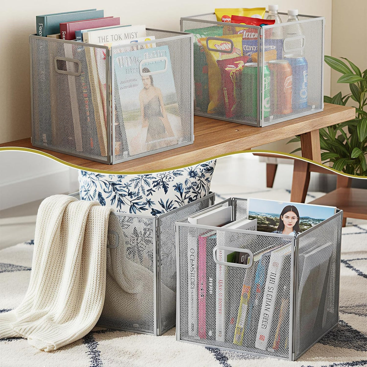 Funnymoom 2 Pcs Foldable Metal Wire Basket 13 x 13 Inch Black Cube Storage Bins Stackable Wire Laundry Baskets Organizer with Handle for Shelves Pantry Cabinet File Graduation Gift
