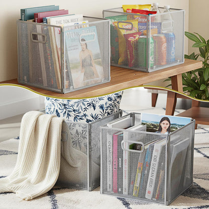 Funnymoom 2 Pcs Foldable Metal Wire Basket 13 x 13 Inch Black Cube Storage Bins Stackable Wire Laundry Baskets Organizer with Handle for Shelves Pantry Cabinet File Graduation Gift