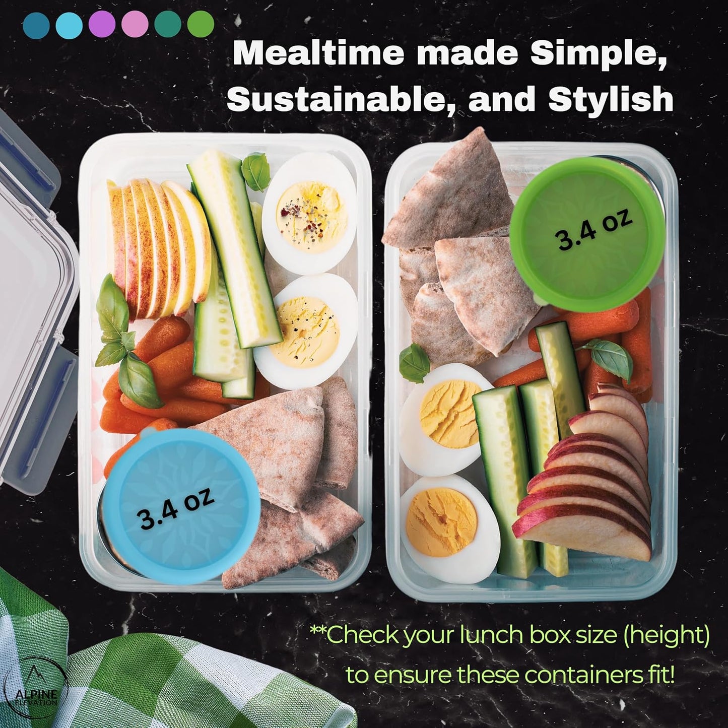 Alpine Elevation 12 Pcs - 6 Stainless Steel Containers + 6 Silicone Lids | 304 Stainless Steel Snack Container | Nesting Snack and Dip Containers | Metal Food Storage