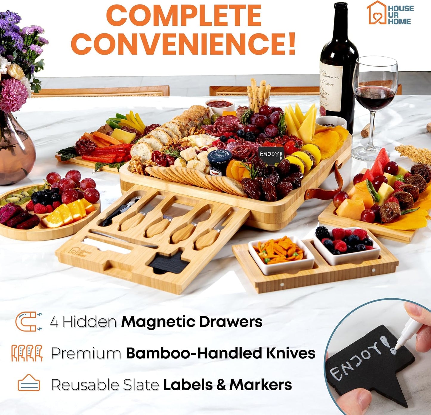 Bamboo Charcuterie Board Gift Set | Large Cheese Board with Hidden Drawers, Knives & Bowls | Perfect Housewarming, Wedding for Couples and Hosts