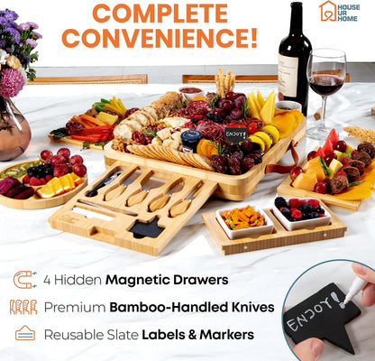 Bamboo Charcuterie Board Gift Set | Large Cheese Board with Hidden Drawers, Knives & Bowls | Perfect Housewarming, Wedding for Couples and Hosts