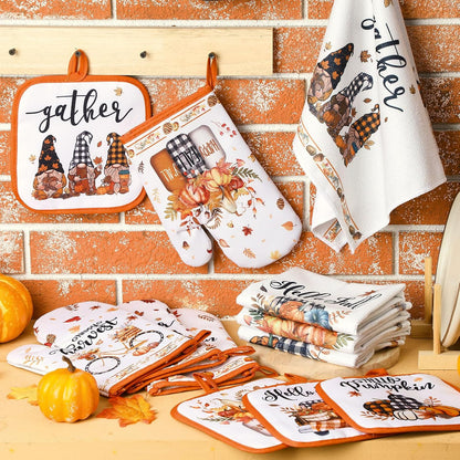 SiliFine 12 Pcs Fall Pumpkin Kitchen Towels Oven Mitts Pot Holders Set