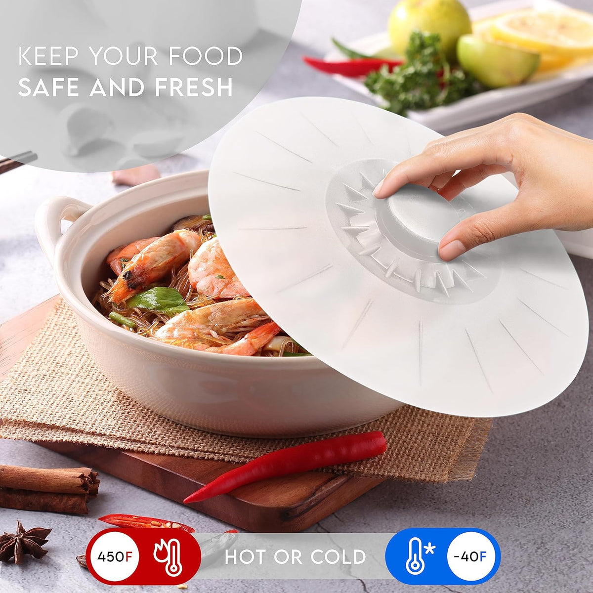 Silicone Bowl Lids Blue Set of 5 Reusable Suction Seal Covers for Bowls, Pots, Cups. Food Safe. Natural grip, interlocking handles for easy use and storage.