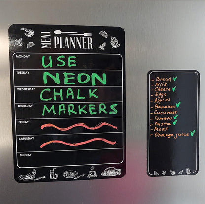 Magnetic Weekly Meal Planner & Grocery List Set - Black Dry Erase Board for Fridge - A4 Menu Calendar & 4.5x8.5 Shopping Pad - Refrigerator Chalkboard Sheet for Kitchen Organization