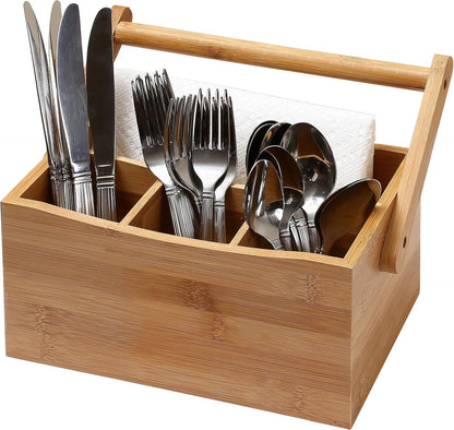 YBM HOME Bamboo Flatware Utensil Caddy with Napkin Holder and Handle, Wood Picnic Basket for Kitchen and Camping Trip, 336