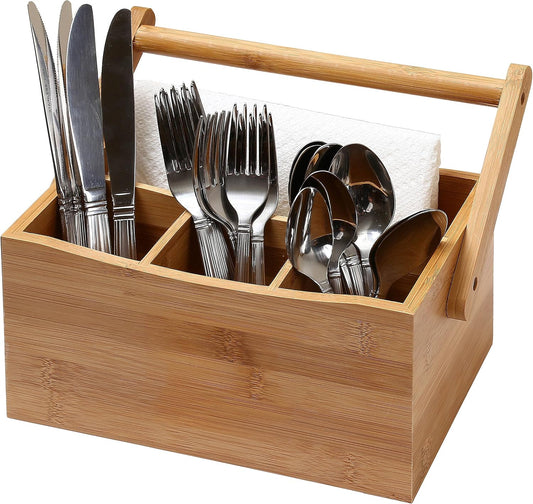 YBM HOME Bamboo Flatware Utensil Caddy with Napkin Holder and Handle, Wood Picnic Basket for Kitchen and Camping Trip, 336