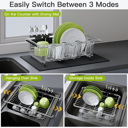 JASIWAY Dish Drying Rack in Sink, Expandable Stainless Steel Dish Drainers for Kitchen Counter, Dish Dryer Rack for Inside Sink, Over The Sink Dish Racks with Utensil Holder, Silver