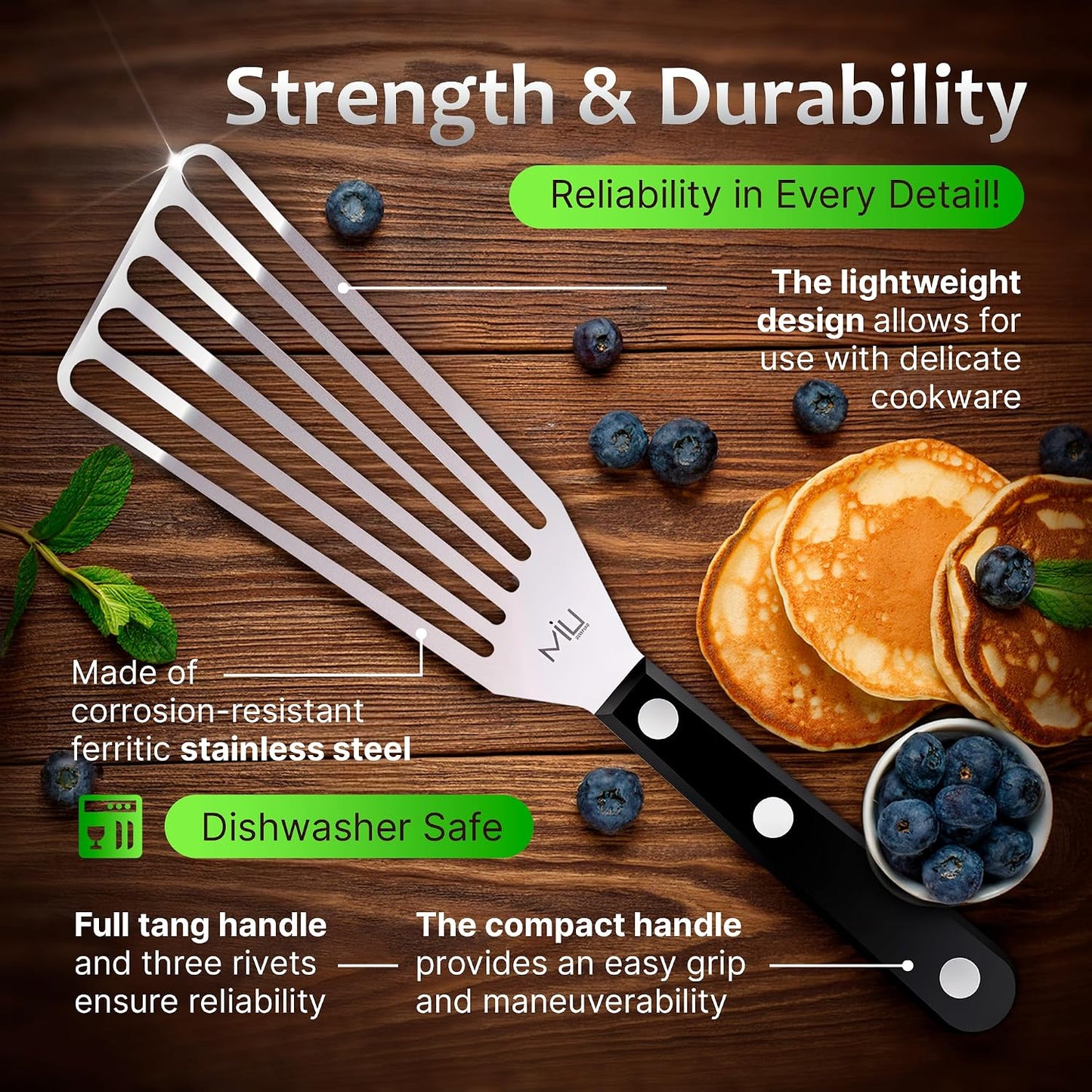 MIU Fish Spatula Stainless Steel, Flexible, Polished Metal, Corrosion Resistant, Kitchen Slotted Turner [Upgraded Version]