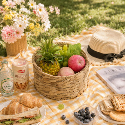 Round Water Hyacinth Storage Basket Handwoven Boho Decor with Handle for Bathroom, Living Room & Kitchen Countertop Organizer 9.84” x 5.51”