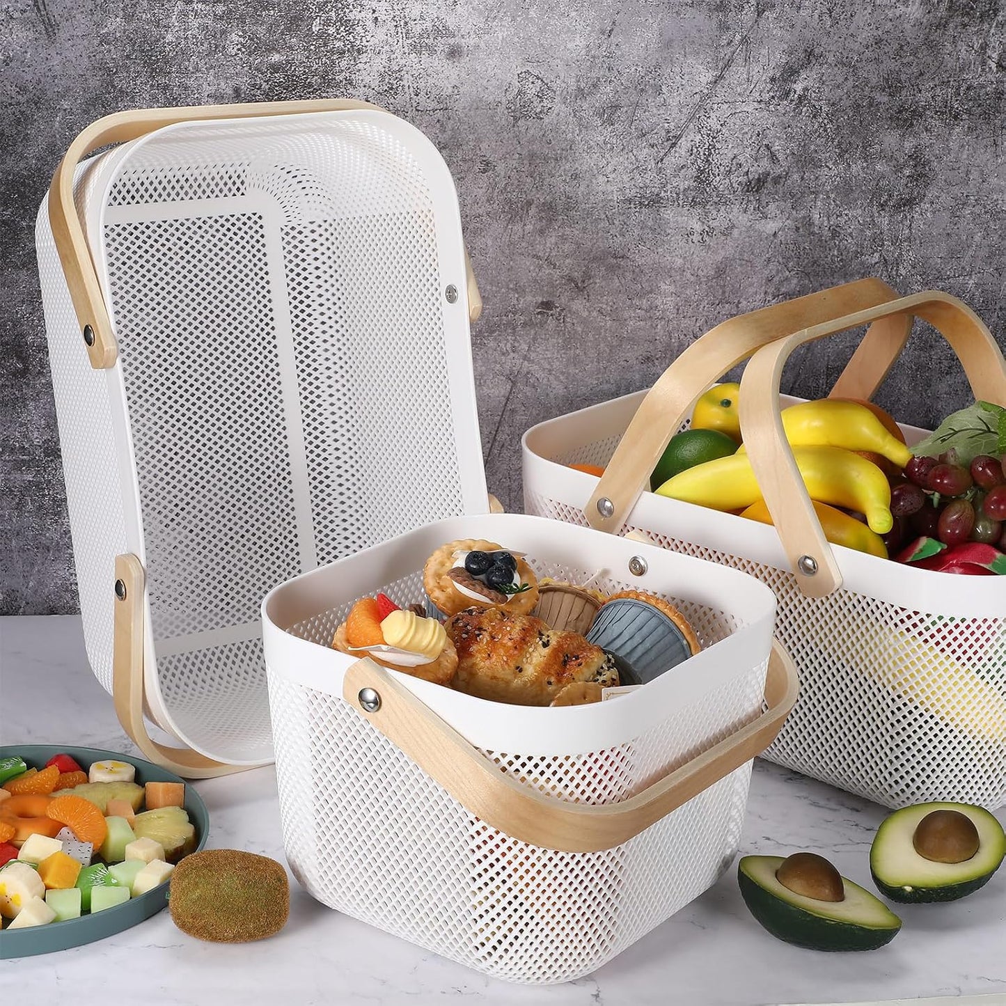 Sadnyy 4 Pcs Plastic Mesh Garden Harvest Basket Storage Basket with Wooden Handle Multi Functional Mesh Bin for Kitchen Cabinet Picnic Fruit Vegetable Gathering Organizer(Large,White)