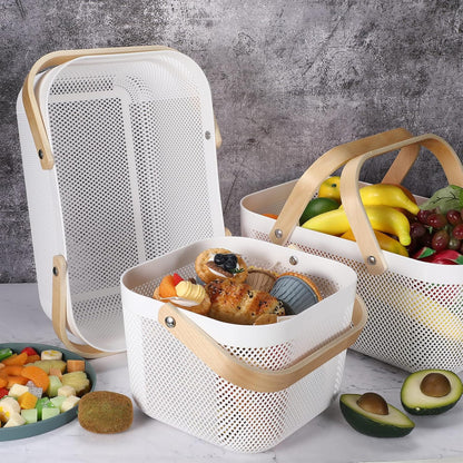 Sadnyy 4 Pcs Plastic Mesh Garden Harvest Basket Storage Basket with Wooden Handle Multi Functional Mesh Bin for Kitchen Cabinet Picnic Fruit Vegetable Gathering Organizer(Large,White)