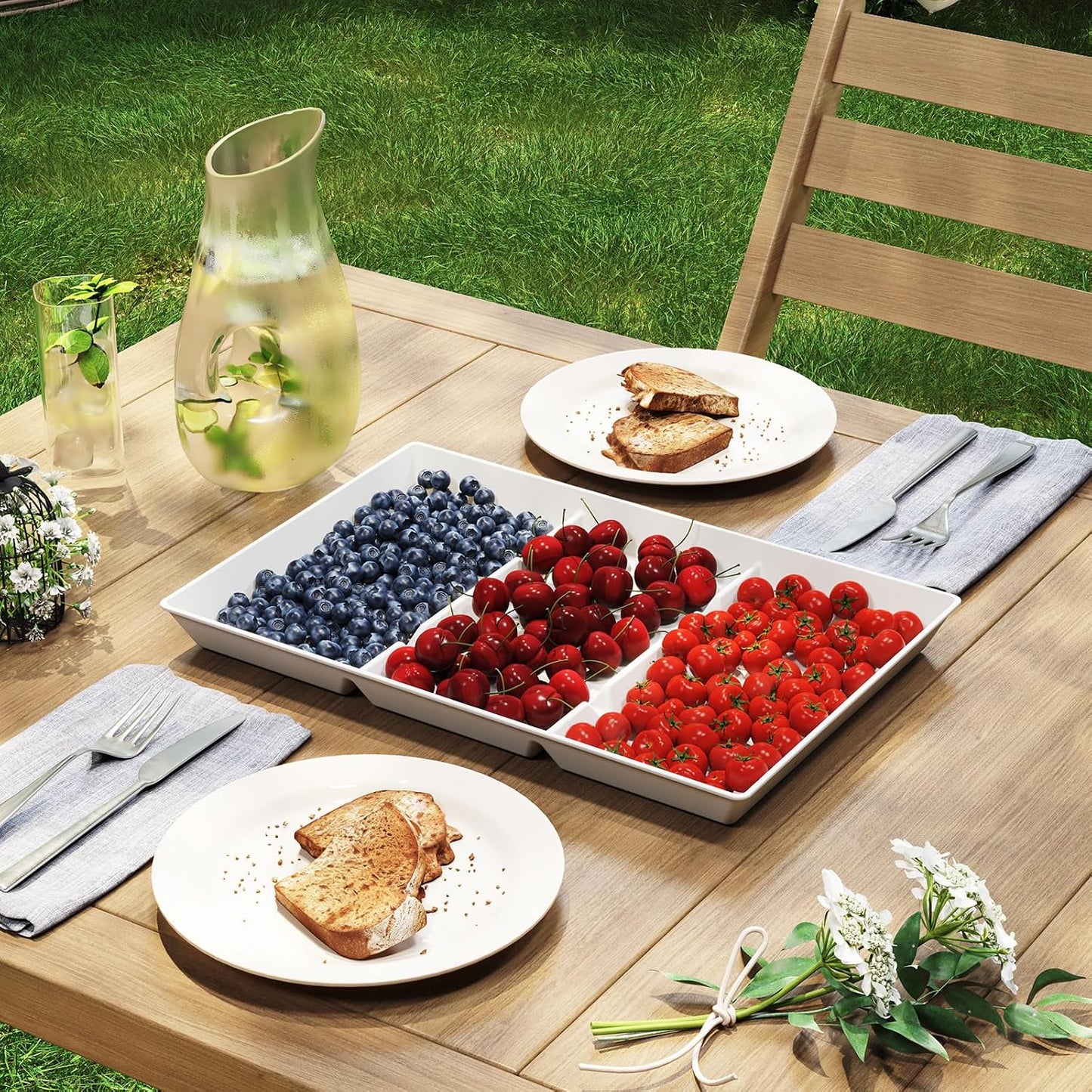 Lifewit Serving Tray Divided for Party Supplies, 4 PCS 15" x 10" Plastic Platters for Serving Food, White Reusable Tray for Veggie, Snack, Fruit, Cookies, Desserts in Kitchen/Pantry