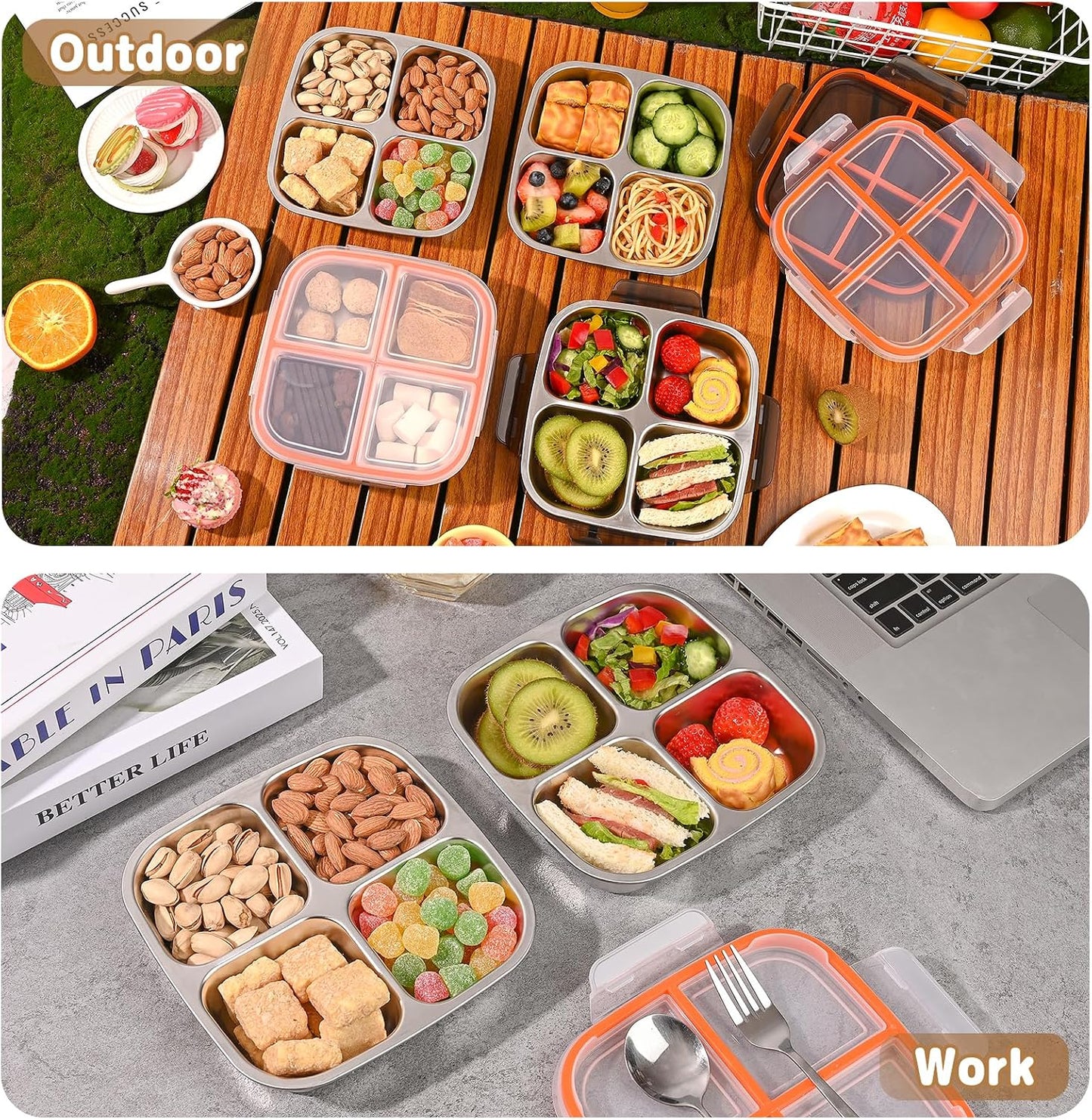3 Pack Stainless Steel Snack Containers with Airtight Lids, 4 Compartment Food Storage Containers, Reusable Metal Meal Prep Lunch Boxes, Dishwasher Safe, Divided Plates for Adults (Black)