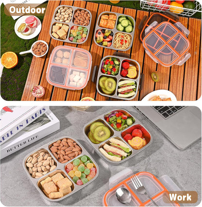 3 Pack Stainless Steel Snack Containers with Airtight Lids, 4 Compartment Food Storage Containers, Reusable Metal Meal Prep Lunch Boxes, Dishwasher Safe, Divided Plates for Adults (Black)