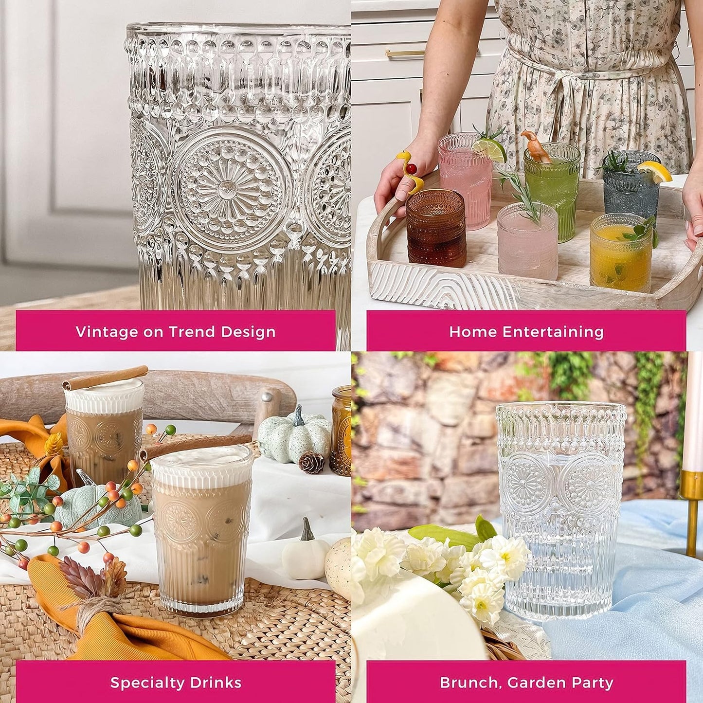 Kate Aspen Vintage Textured Aqua Blue Striped Drinking Glasses Set of 6-13 oz Ribbed Glassware with Flower Design | Cocktail Set, Juice Glass, Water Tumbler
