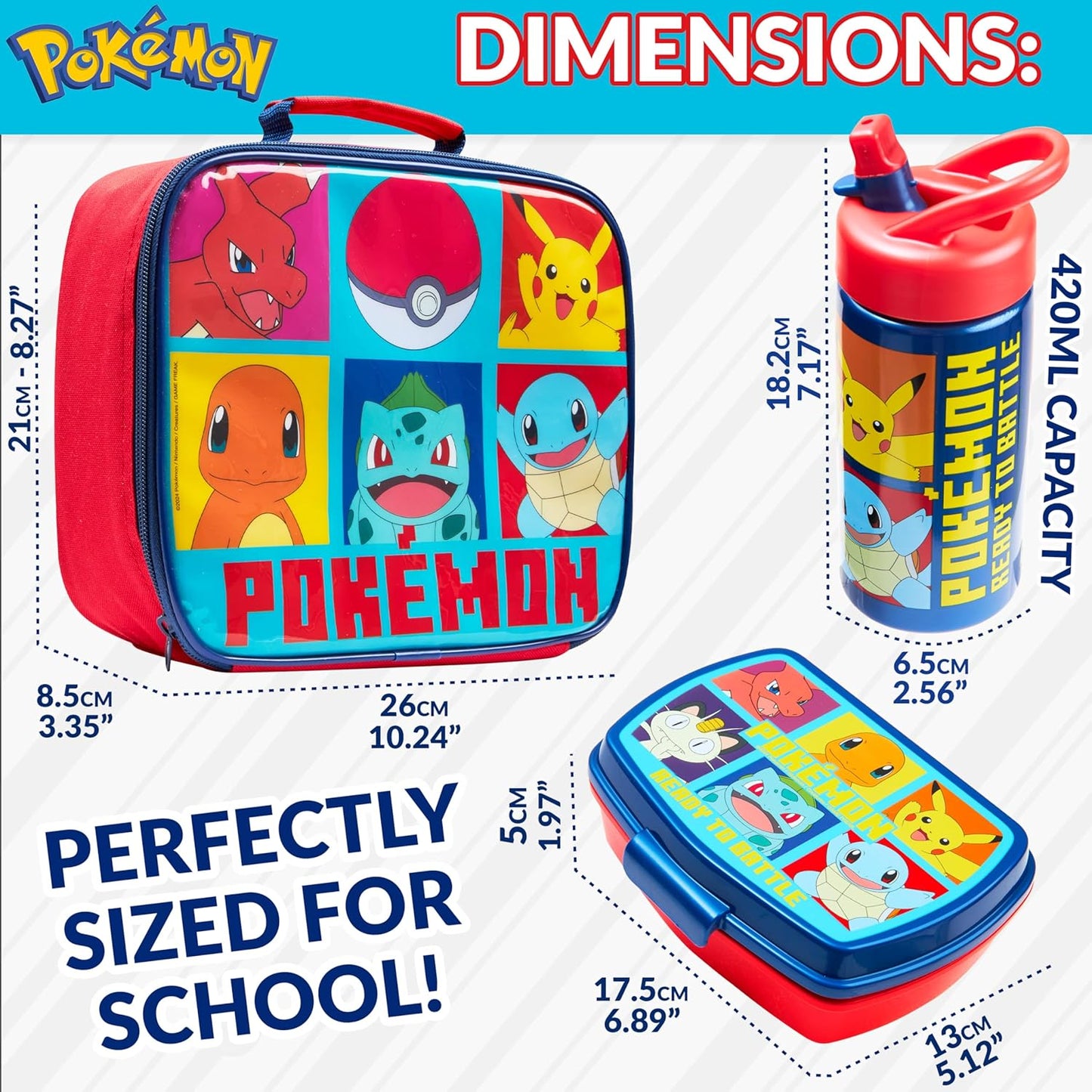 Pokemon Insulated Lunch Bag with Lunch Box Water Bottle Set for Kids 3 Piece School Snack Bag Pikachu Gifts for Kids (Yellow)