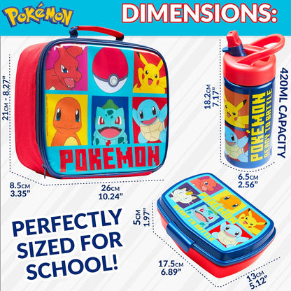 Pokemon Insulated Lunch Bag with Lunch Box Water Bottle Set for Kids 3 Piece School Snack Bag Pikachu Gifts for Kids (Yellow)