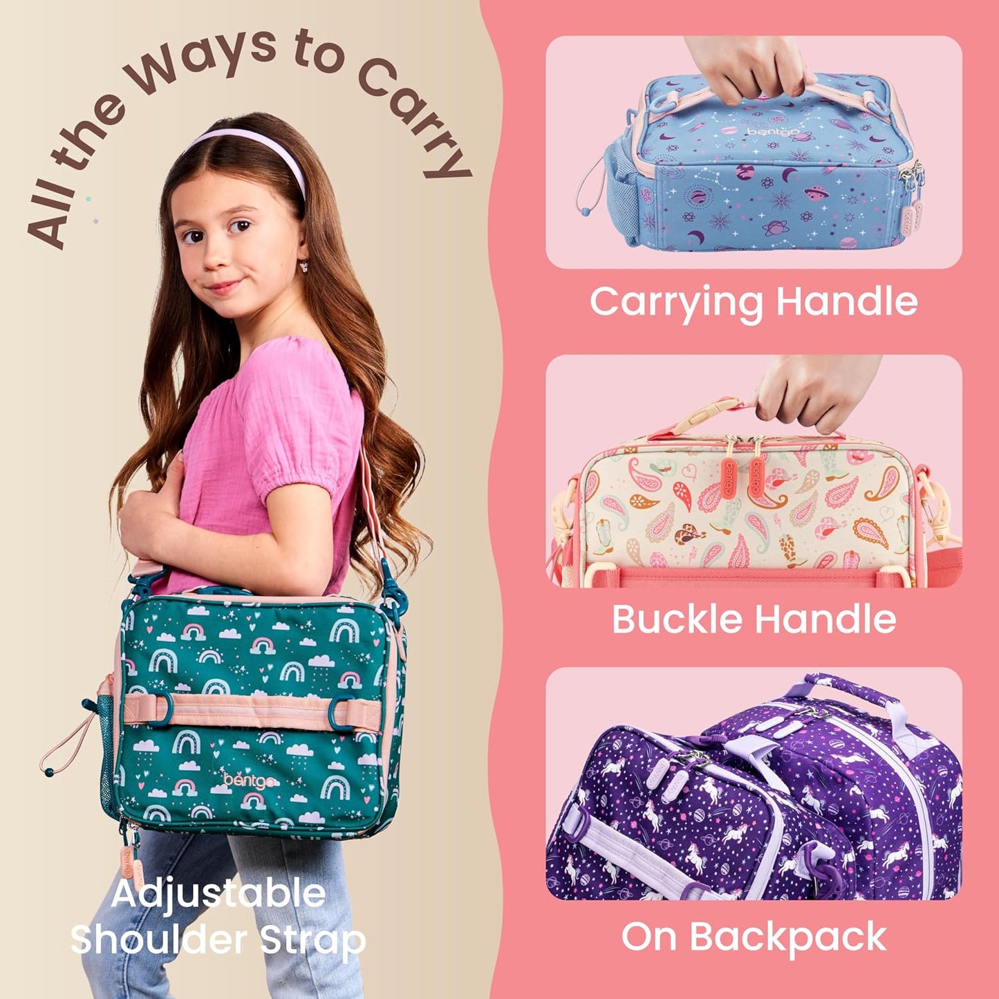 Bentgo Kids Lunch Bag - Durable, Double-Insulated Lunch Bag for Kids 3+; Holds Lunch Box, Water Bottle, & Snacks; Easy-Clean Water-Resistant Fabric & Multiple Zippered Pockets (Mermaid)