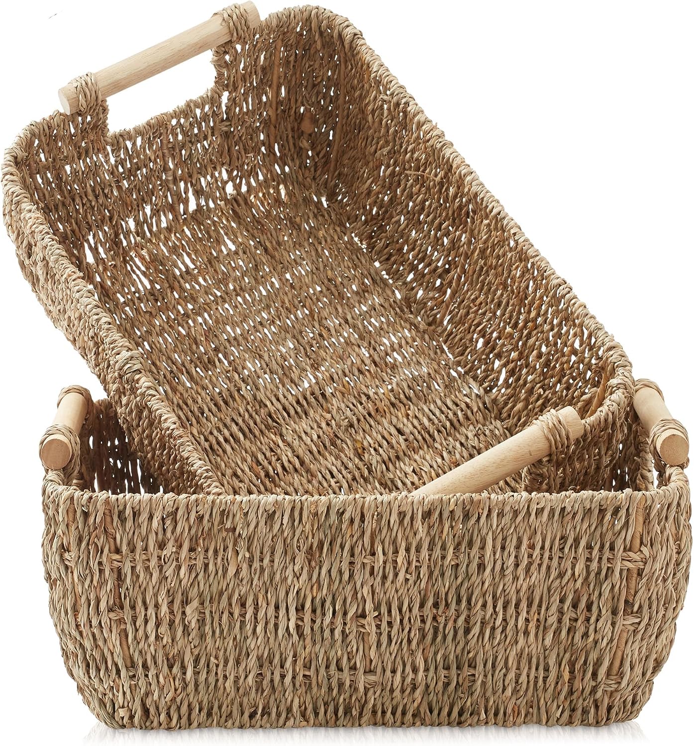 Casafield Set of 2 Water Hyacinth Oval Storage Baskets with Wooden Handles - Medium, Woven Bin Organizers