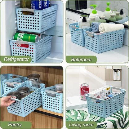 Soddeph 4 Pack Plastic Deep Storage Basket with Handles, Cubbies Organizer Bins with Hollow Design for Under Counter, Closet, Kitchen or Bathroom 12.3" × 8.7" × 6.9"(White, Medium)
