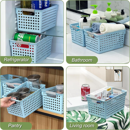 Soddeph 4 Pack Plastic Storage Basket with Handles, Small Deep Organizer Bin with Hollow Design for Under Counter, Shelf, Closet, Kitchen or Bathroom (White, Small)