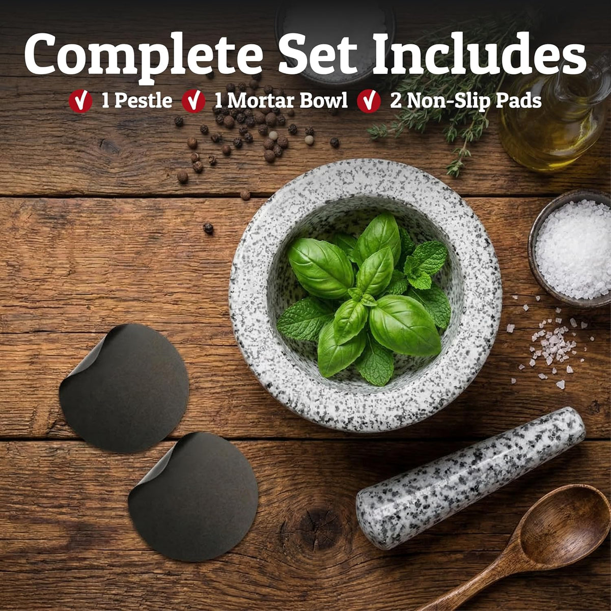 Priority Chef Heavy Duty Large 1.5 Cup Mortar and Pestle Set, 100% Natural Granite, 5.5 Inch Diameter Bowl, 6.2 Inch Pestle, Non-Slip Base, Stone Grinder for Guacamole Salsa Pesto Herbs Spices, Black