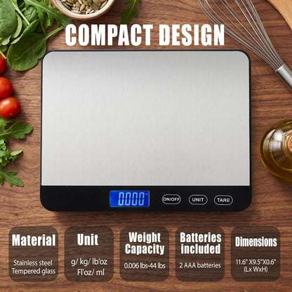 Food Scale 44lb/20kg, Extra-Large Platform Digital Kitchen Scale, 1g/0.1oz High Precision, Stainless Steel/Tempered Glass, Weight Grams and oz for Cooking Baking Meal Prep Sourdough Bread