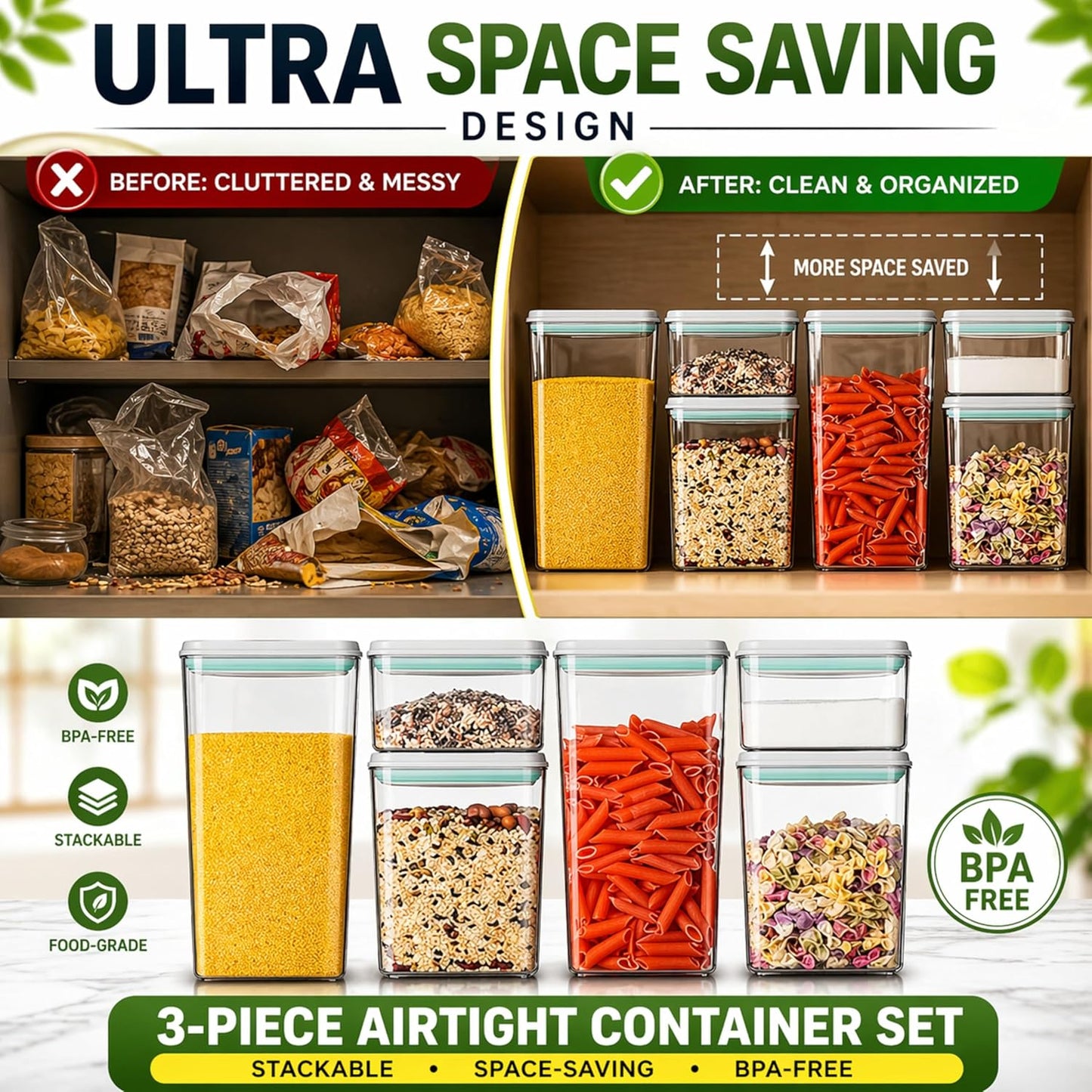 Airtight Food Storage Containers with Lids – 6 Pack BPA-Free Pop Containers for Pantry Organization, Cereal, Flour, Rice, Sugar – Stackable Kitchen Canisters (0.5, 1.2, 1.8 Qt) Set of 6