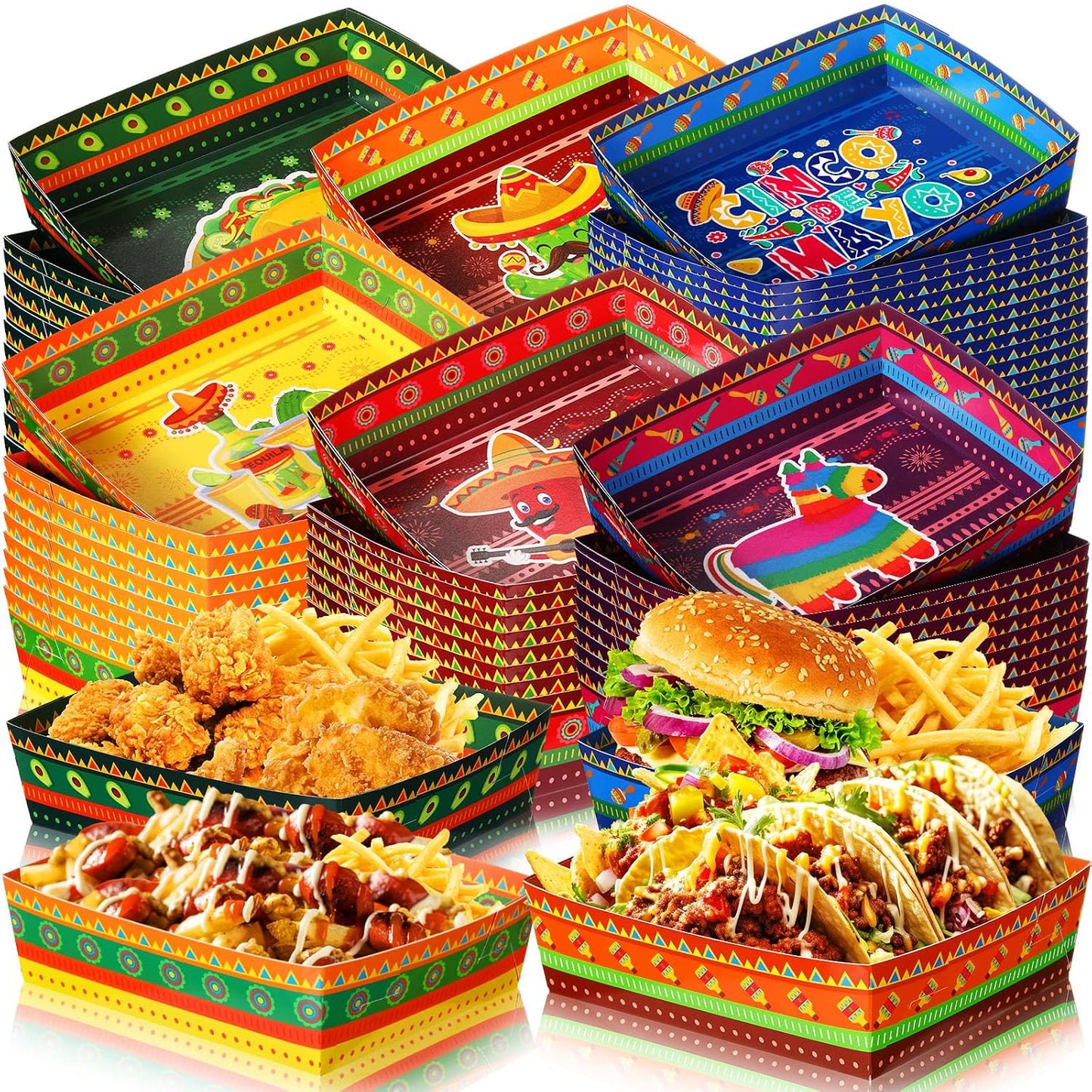 Harloon 36 Pack Mexican Nacho Trays 5 lb Extra Large Mexican Paper Food Trays Fiesta Disposable Cardboard Serving Boats for Cinco De Mayo Taco Fries Snacks Birthday Party Supplies(Floral)