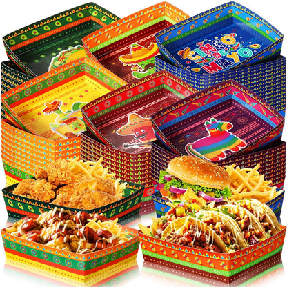 Harloon 36 Pack Mexican Nacho Trays 5 lb Extra Large Mexican Paper Food Trays Fiesta Disposable Cardboard Serving Boats for Cinco De Mayo Taco Fries Snacks Birthday Party Supplies(Floral)