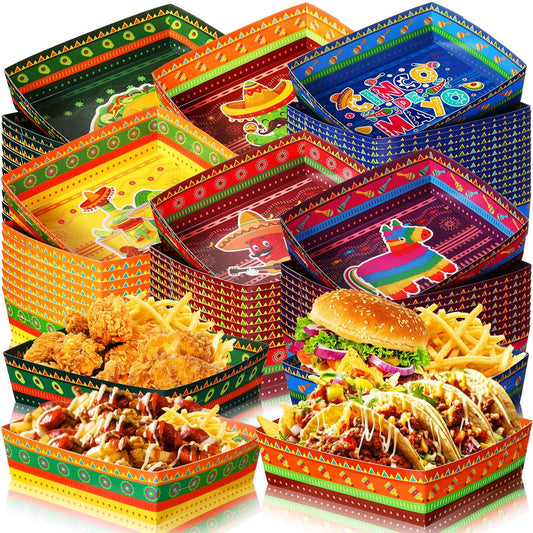 Harloon 36 Pack Mexican Nacho Trays 5 lb Extra Large Mexican Paper Food Trays Fiesta Disposable Cardboard Serving Boats for Cinco De Mayo Taco Fries Snacks Birthday Party Supplies(Floral)
