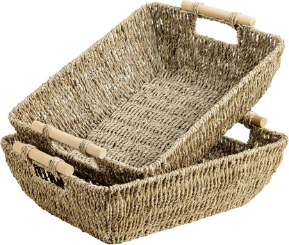 StorageWorks Hand-Woven Storage Baskets with Wooden Handles, Water Hyacinth Wicker Baskets for Organizing, 2 Pack