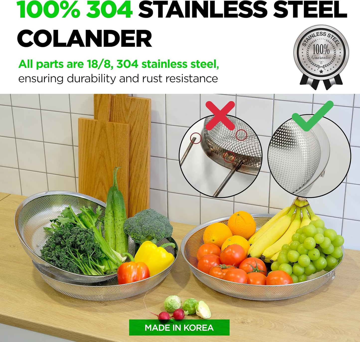 Premium 18/8 304 Stainless Steel Micro-Perforated Small and Big Colander Set of 4 with rings - 3.5-5.5-7.5-9.5 Quart Set, Self-Draining Solid Base for Pasta, Fruits, Vegetables