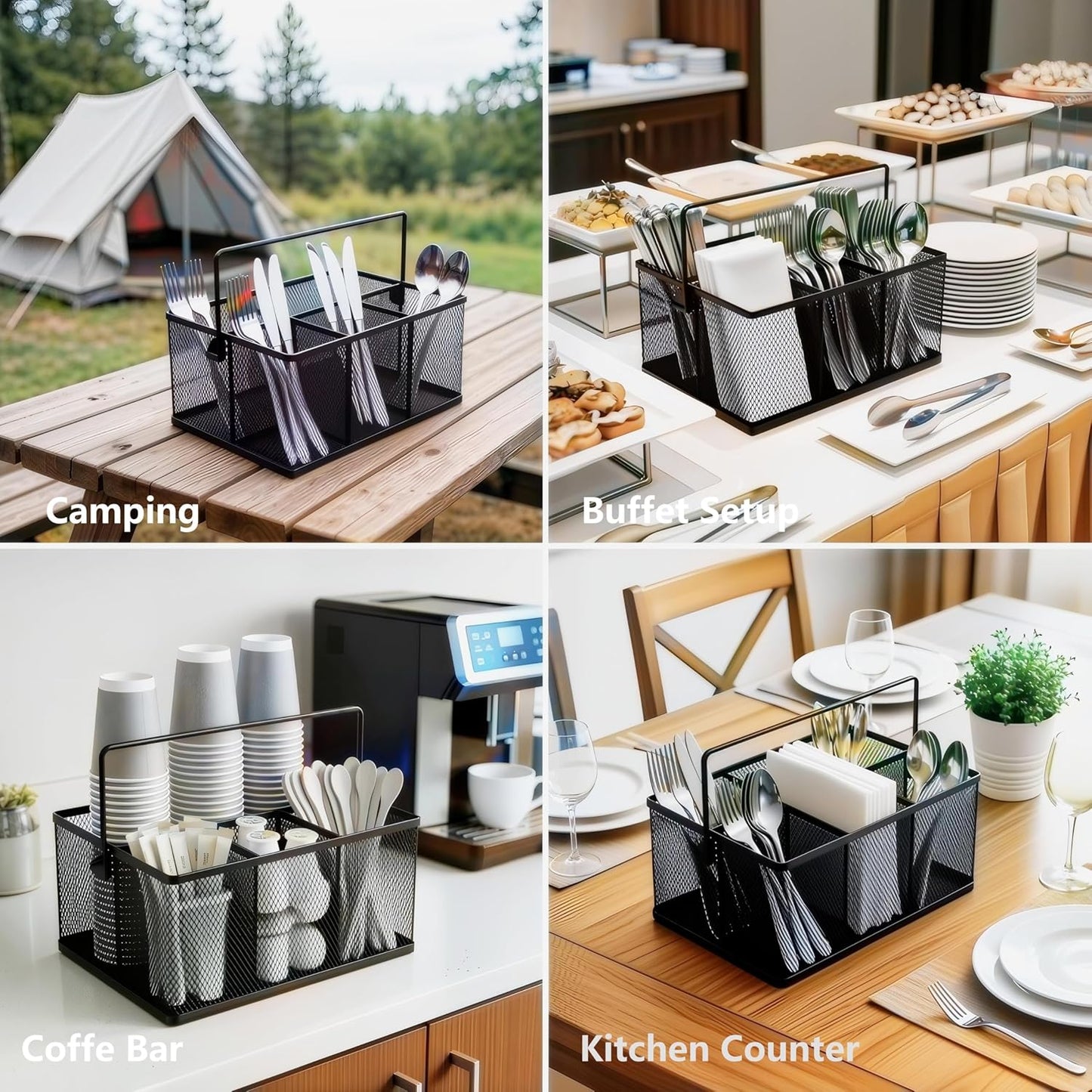 Neudeco Utensil Holder Set of 3, Black | Silverware Caddy, Portable Cutlery Storage & Paper Plate Organizer, Metal Mesh, Adjustable Dividers