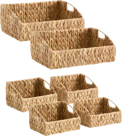 Ornavo Home 3-Pack Water Hyacinth Storage Baskets – Handwoven Wicker Bins with Built-in Handles – Decorative Natural Organizer for Shelves, Pantry, Closet, or Living Room