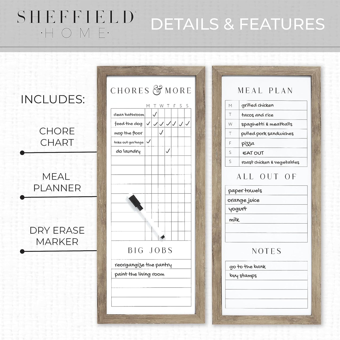 Sheffield Home Set of Two Family Planner Dry Erase Boards Featuring, Chore Chart, Shopping List, Weekly Meal Planner and Notes, 9x21 Inch, Natural
